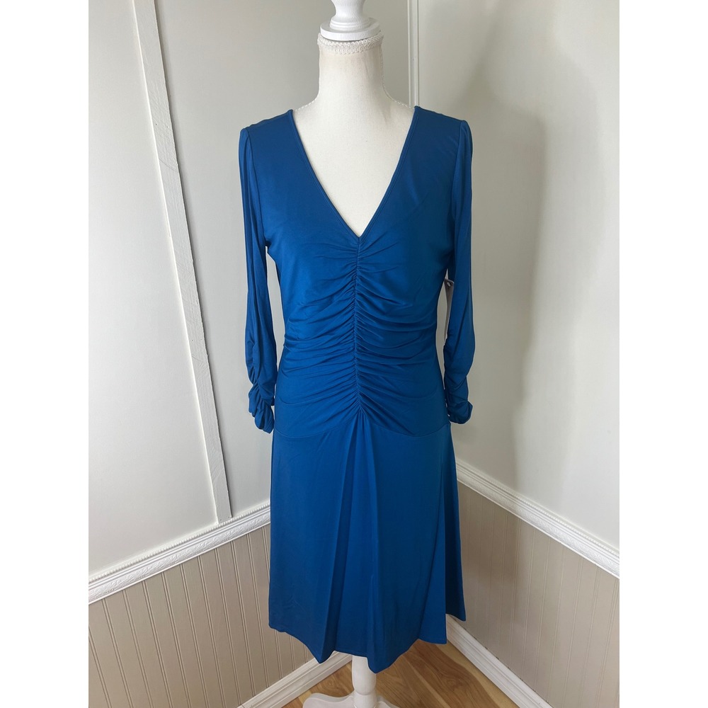 NUE by Shani Peacock Blue Ruched V-Neck Body Architecture Shaping Dress Size 12 - Picture 4 of 12